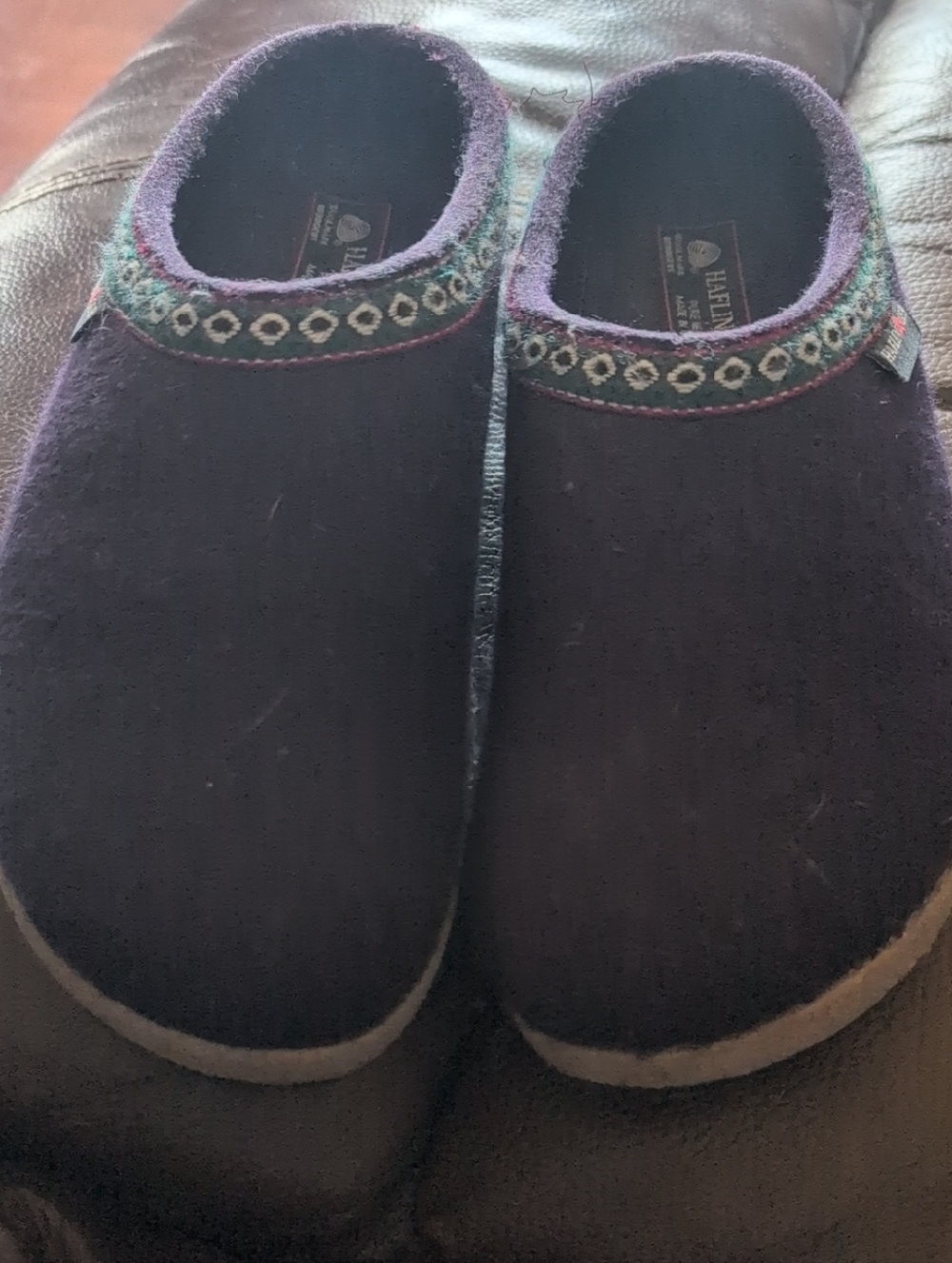Haflinger Purple Wool Slip-On Slippers with Green Patterned Trim Size 39 New